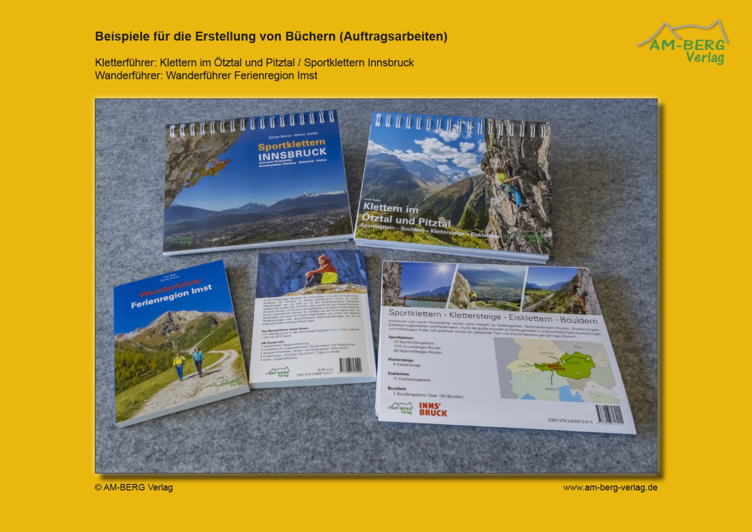 Drei Buchcover von Outdoor-Führern für Klettern und Wandern als Referenz für Tourismusverbände