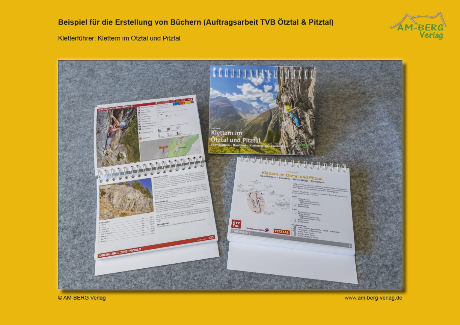Vorder- und Rückseite sowie Innenseite des Kletterführers für Regionen Ötztal und Pitztal mit detaillierten Foto-Topos